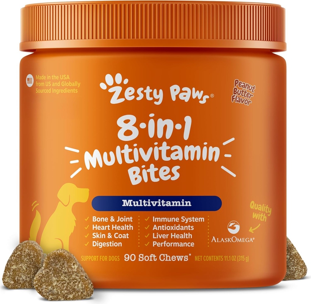 Zesty Paws Multivitamin Treats for Dogs, Glucosamine Chondroitin Joint Support + Enzymes Digestivos & Probióticos, Grain Free Dog Vitamins and Supplements for Skin &amp; Coat, Peanut Butter - 90ct