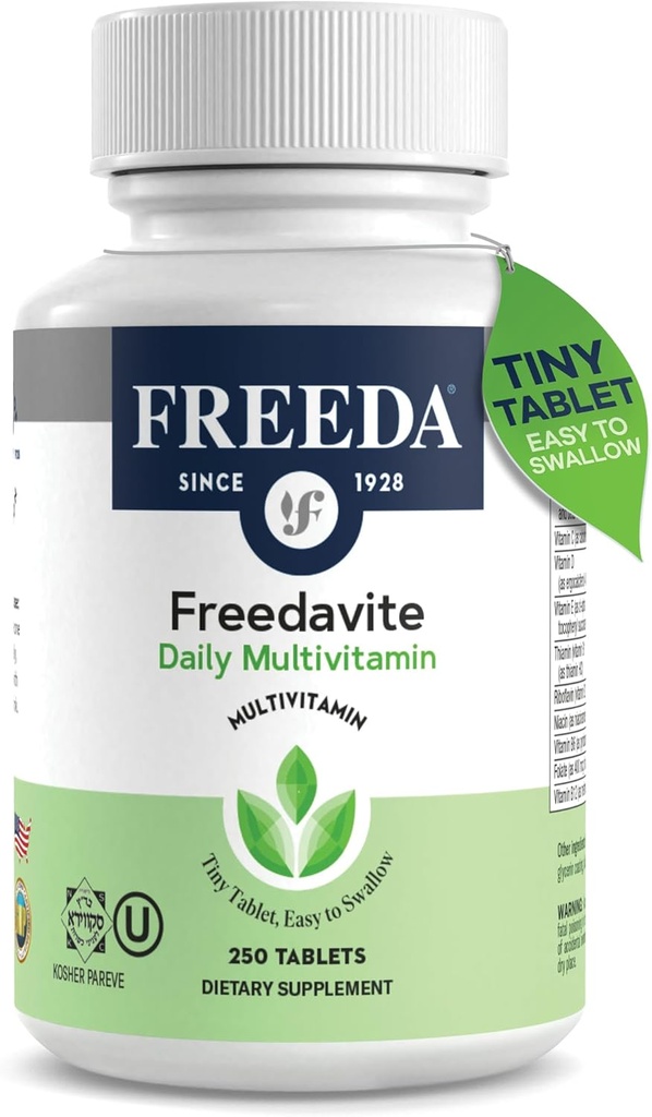 Freedavite Tiny Tablet - Multivitamina moderada para hombres y mujeres - Pura vitamina A, C, D, E, B1, B2, B6, B12, Biotina, Calcio, Zinc, Hierro, Magnesio, Manganese, Cobre, Selenium, Iodine - 250 Conde