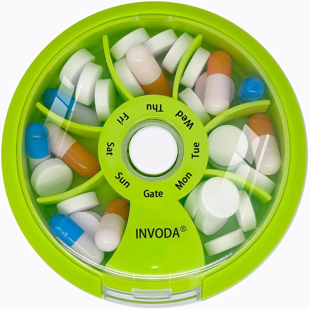 INVODA Organizador semanal de píldoras 7 Caja de píldoras rotativas para medicamentos diarios & vitaminas - Caja de píldoras de viaje portátil Suplementos de aceite de pescado Vitaminas Organizador (Orange)