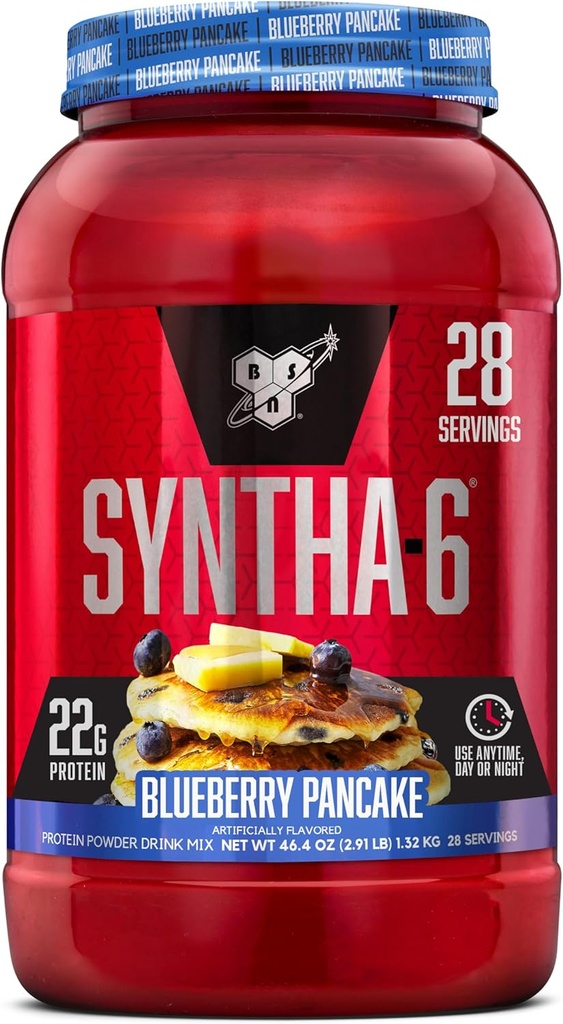 BSN SYNTHA-6 Premium Protein Powder con 6g de fibra, Whey Protein, Micellar Casein, Milk Protein Isolate Blend, 5g Fat, Blueberry Pancake, 28 Servings (Packaging May Vary)