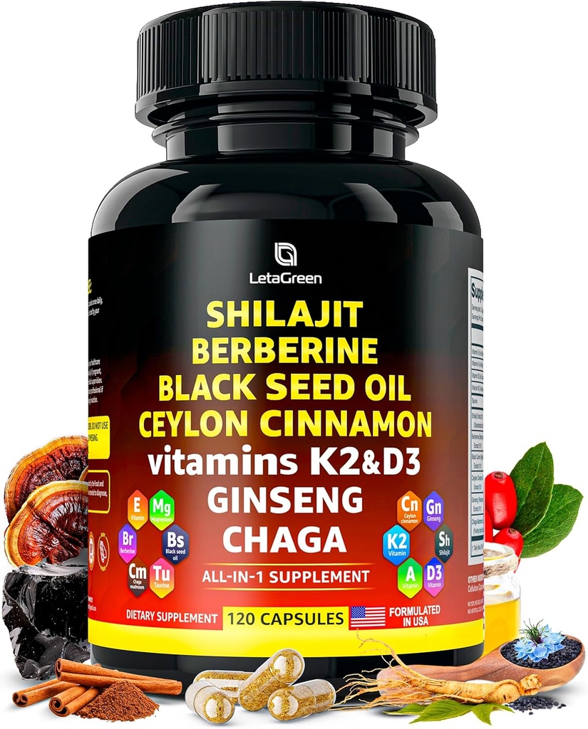 Pure Himalayan Shilajit Capsules with Black Seed Oil Berberine Cinnamon Ginseng Chaga & Taurine & Vitamin A, E, D3, K2 (120 Count) - All-in-1 Fulvic Acid Shilajit for Men & Women