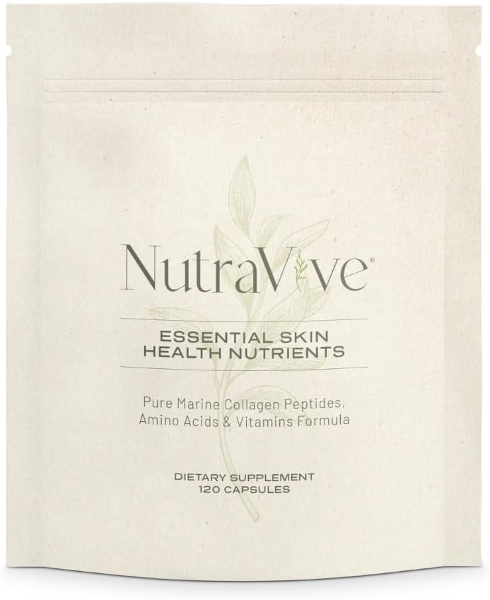 NutraVive Essential Skin Health Nutrients – Hidrolyzed Morikol® Marine Collagen Peptides, Amino Acids & Vitaminas - Promover la Firma, reducir las arrugas y la mejora Elasticidad de la piel - 120 cápsulas