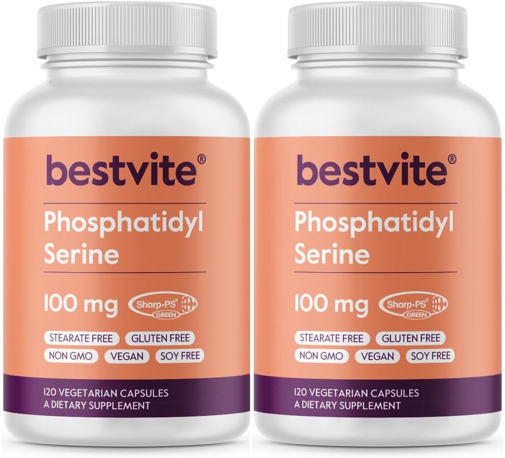 BestVITE Phosphatidylserine 100mg por cápsula (240 cápsulas vegetarianas) (120x2) con Sharp-PS® Green - Patented and Clinically Tested - Stearate Free - Soy Free - Gluten Free - Vegan - No GMO