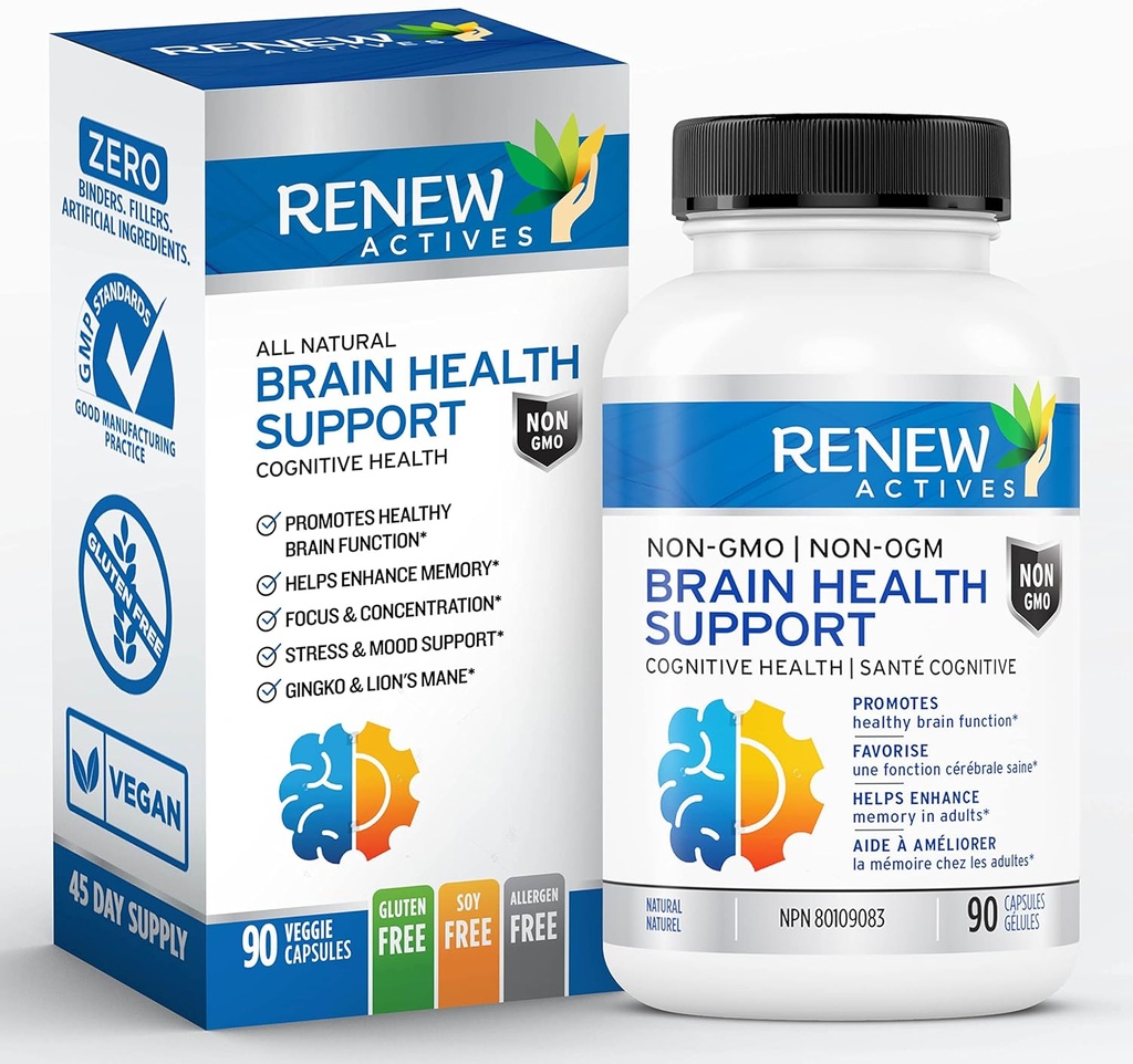 Renew Actives Brain Health Support – Bacopa 300MG, Ginkgo 100MG, Lion’s Mane 200MG por 2 cápsulas – apoya la salud cognitiva, la memoria mejorada, promueve Focus & Mood – Made in Canada - 90 cápsulas