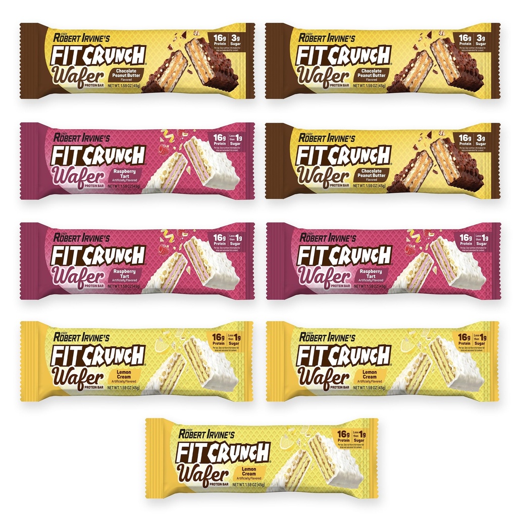 FITCRUNCH Wafer Protein Bars, 16g of Protein & 1-3g of Sugar (9 Bars, Variety Pack)