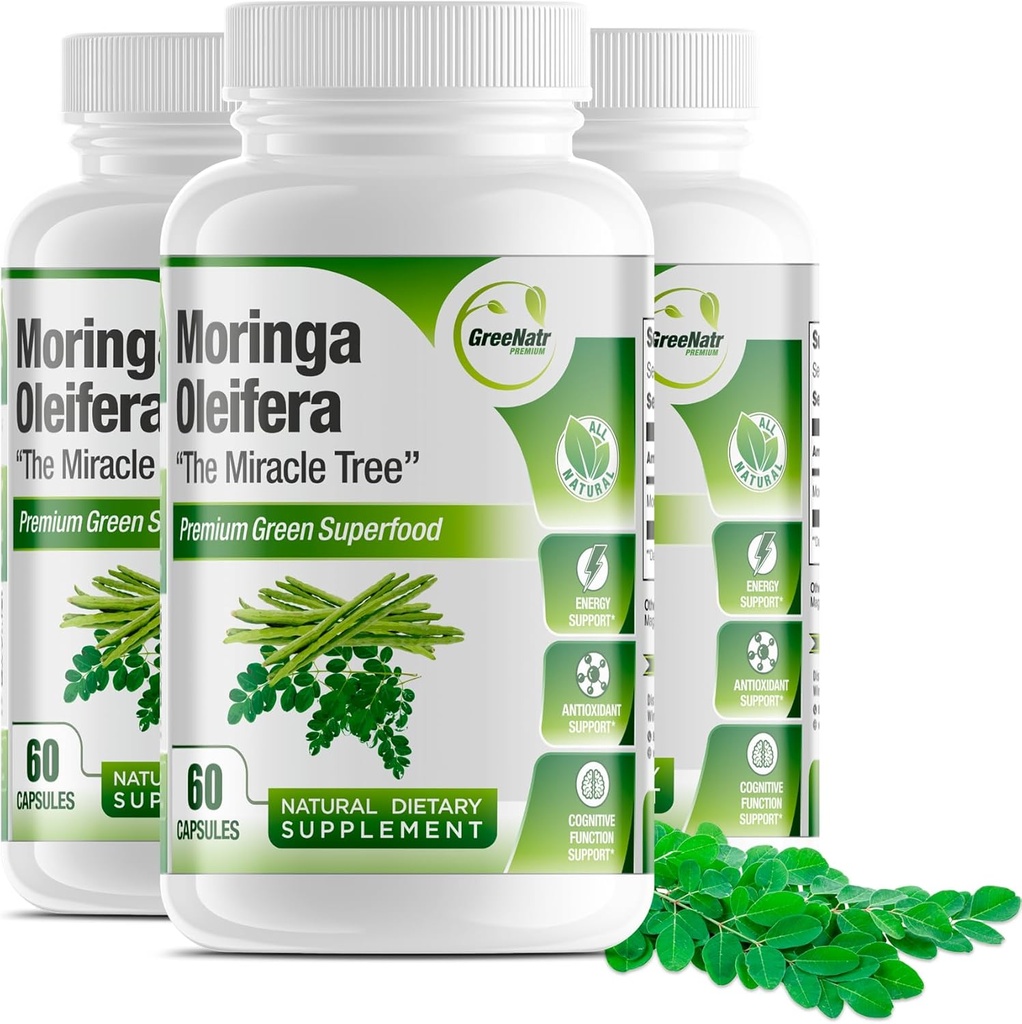 Pure Moringa Oleifera Leaf Extract Veggie Capsules 1000 mg. Suplemento Natural Herbal. Energy, Mood, Memory and Focus Support. Superalimentos Verdes Premium (3 botellas)