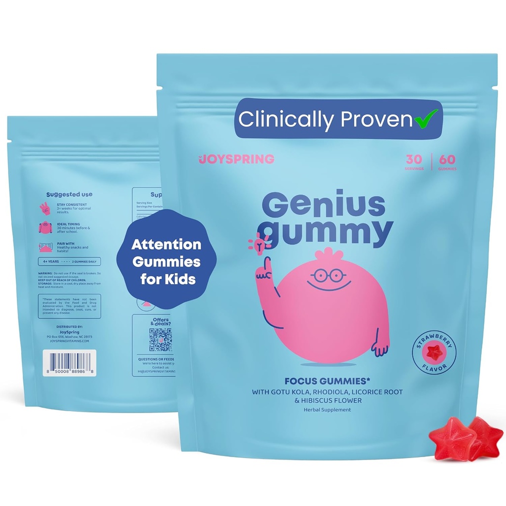 JoySpring Genius Kids Focus Gummies – Natural Herbal Brain Supplement for Kids TEN Vegan, Gluten-Free, Sugar-Free with Bacopa, Gotu Kola, Rhodiola – 60 Conde