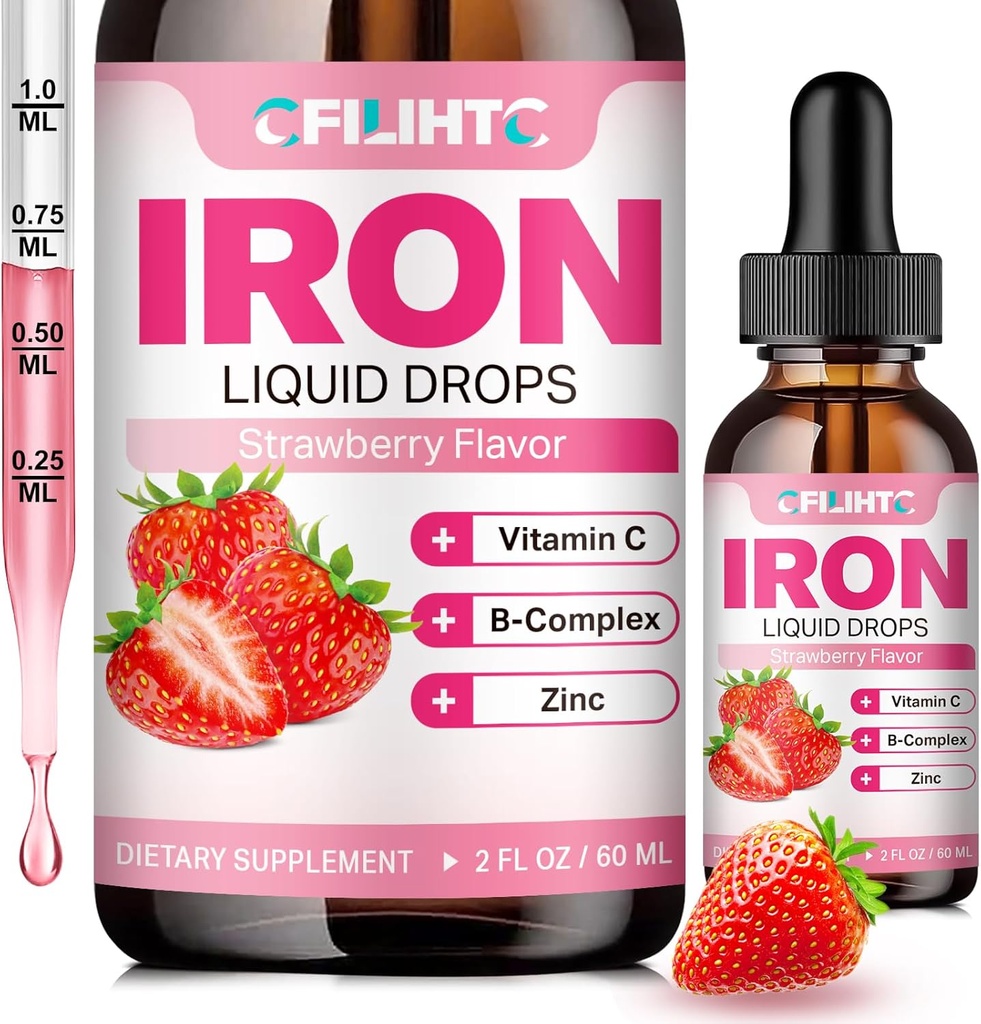 Suplemento de Hierro Líquido para Mujer Hombres & Niños gotas de hierro multivitamina con folato, vitamina C, B6, B12, zinc para la anemia, deficiencia de hierro, constructor de sangre, energía - sabor a fresa natural, Vegan 2 Fl Oz