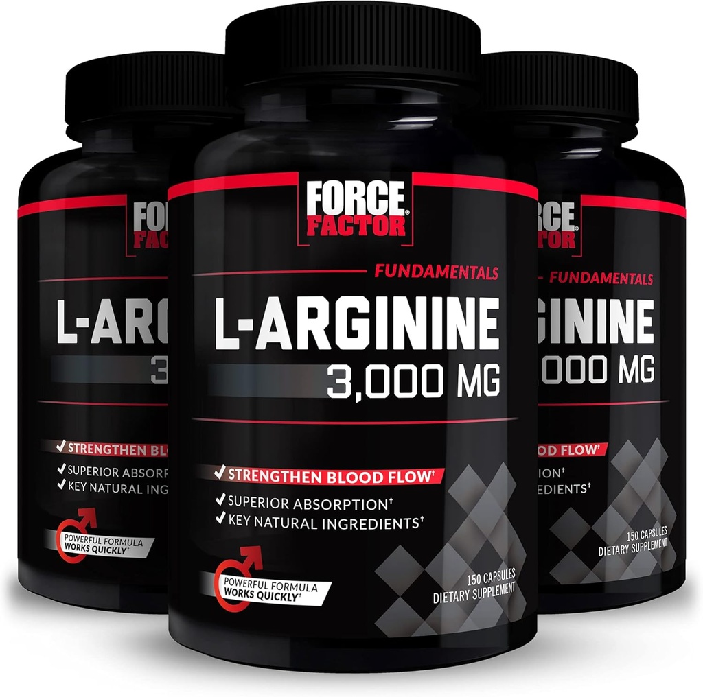 Factor de fuerza L-Arginina,3-Pack, Suplemento de óxido nítrico con BioPerine para ayudar a construir músculo & soporte más fuerte flujo de sangre,Circulación, Entrega de Núcleo, Bombas de L-Arginina 3000mg,3g,450 Capsules