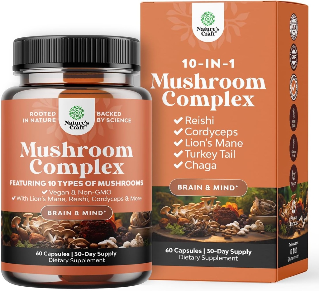 Complejo avanzado de setas cápsulas - 10X Lions Mane suplemento cápsulas con Reishi, Chaga, Maitake " Shiitake para la memoria de salud cerebral " Focus - Nootropic for Mental Clarity - 60 caps