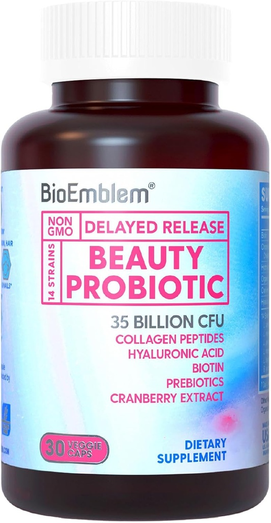 BioEmblem Belleza Probióticos para Mujeres, 35 Billones CFU 14 Strains con Biotina, Collagen, Prebióticos para Salud Digestiva, Esquí de Cabello y uñas, Vaginal Probióticos Suplemento, Estable de Estante, 30 Caps