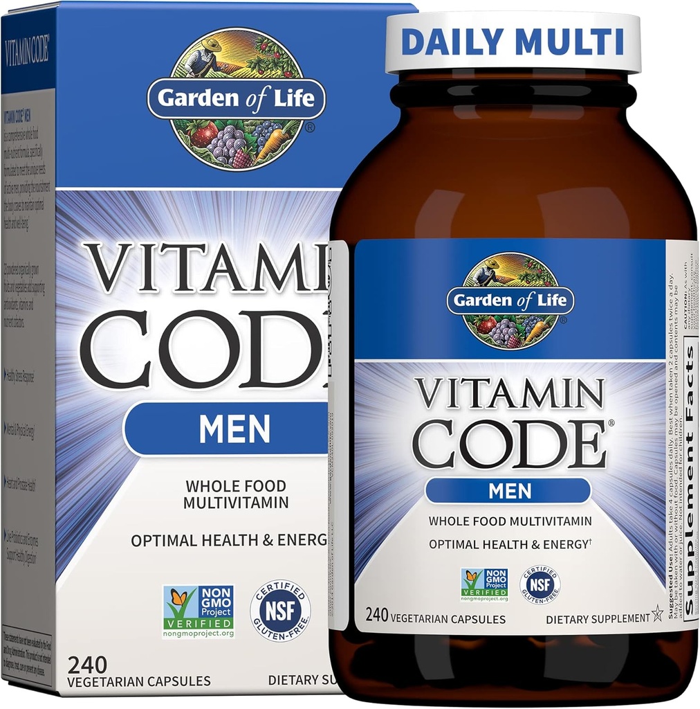 Jardín de la Vida Código de vitaminas Alimento completo Multivitamínico para Hombres - 240 cápsulas, vitaminas para hombres, hortaliza de frutas y probióticos para la energía, corazón, salud de próstata, multivitaminas de hombres vegetarianos