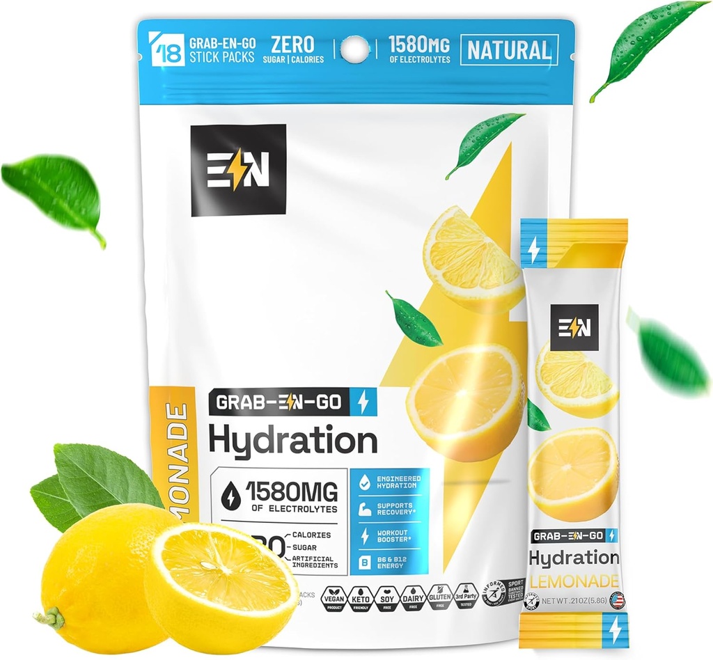 EN, Electrolitos libres de azúcar Empaquetaduras de polvo – Keto Electrolitos Paquetes de hidratación, Electrolitos de talla única, Cero Calories, Vegan, No GMO, Orgánico, Sin gluten, Lemonade 18 CT