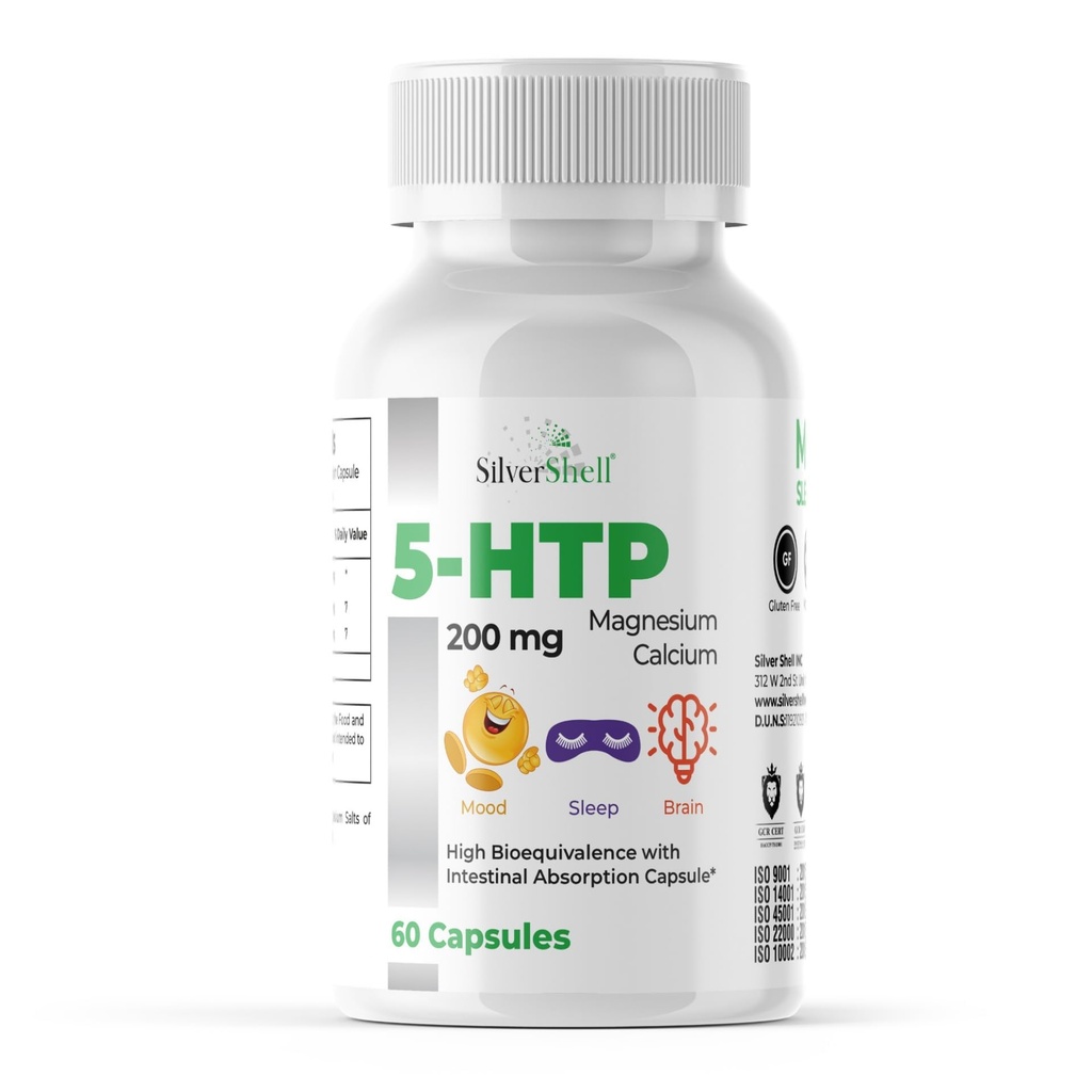 5-HTP 200 MG Plus Calcio y Magnesio para funciones de humor, sueño y cerebro – 1 cápsula por servicio, 60 cápsulas