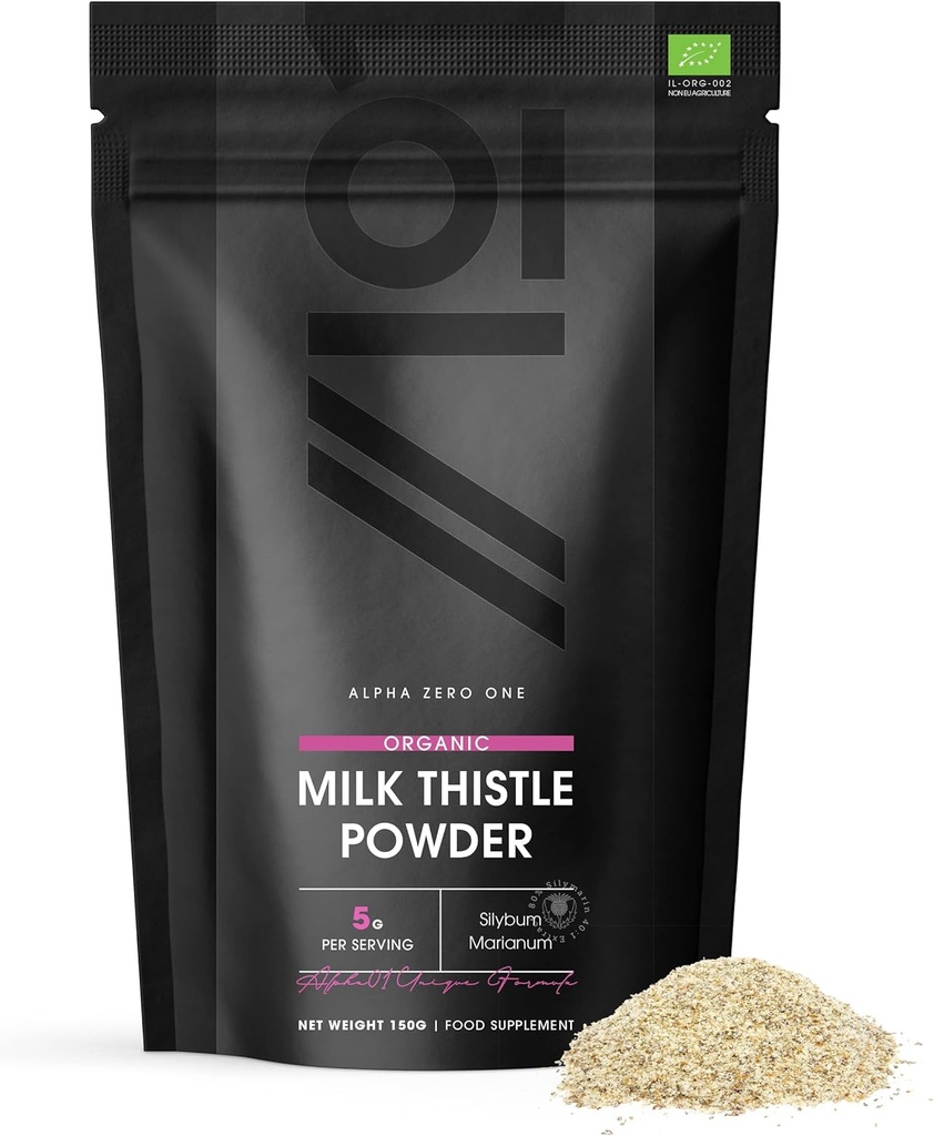 ALPHA01 Organic Milk Thistle Powder 150g - Fuente de Limpieza de Silymarin - Hecho de Cold-Presed Milk Thistle - Vegan, Raw, Non-GMO.