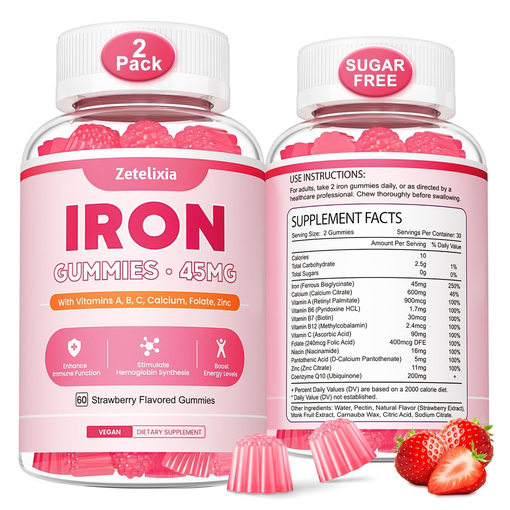 Vegan 2 Pack Iron Suplemento Gummies for Women &amp; Men, Anemia, Blood Builder & Energy Support for Iron Deficiency, con Vitamina C, A, B Complex, Folate, CoQ10, Sugar Free, Non-GMO, 120 Conde