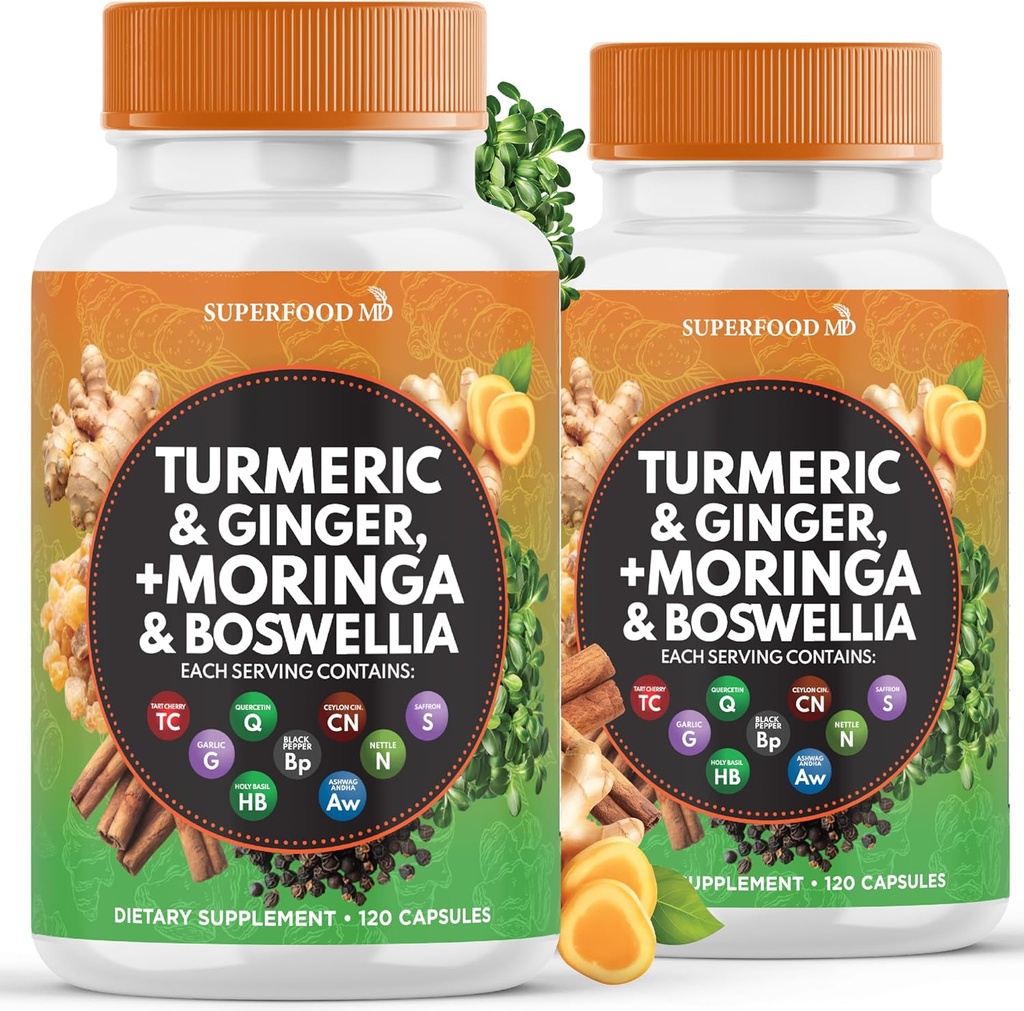 Turmeric Moringa Suplemento Silencioso Ginger, Boswellia, Saffron, Holy Basil- Joint Support Suplemento para Mujeres y Hombres con Ceil Canela, Quercetina, Tart Cherry- 240 Conde
