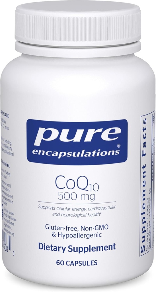 Encapsulaciones puras CoQ10 500 mg ← Coenzima Q10 Suplemento de Energía, Antioxidantes, Salud Cerebro y Celular, Cognición y Apoyo Cardiovascular*  60 cápsulas