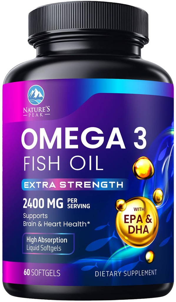 Omega 3 Petróleo de Pesca 2400 mg Suplemento, Fuente sostenible, Triple Fuerza Omega-3 Suplemento Softgels, Apoyo a la Salud del Cerebro, EPA & DHA Fish Oil Fatty Acids Suplementos, Gluten & GMO Gratis, 60 Softgels