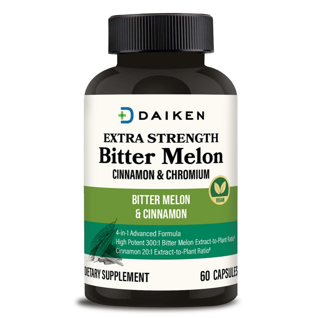 DAIKEN Bitter Melon, Cinnamon & Chromium, 100% Vegetarian Bitter Melon Capsules with Cinnamon Chromium & Zinc, 60 Capsules