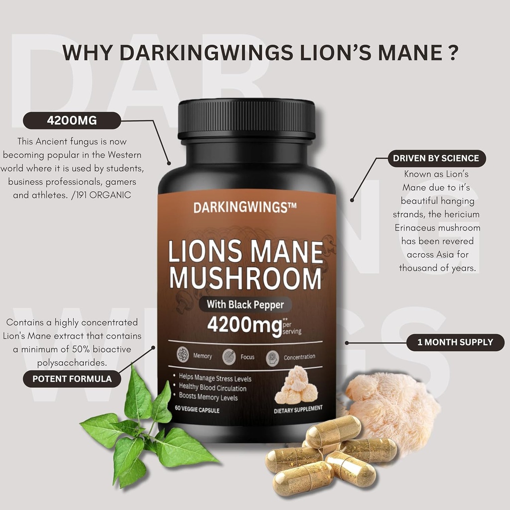 Lions Mane Mushroom Cognition 4200mg Organic Lions Mane Mushroom Powder Extract Capsules ← Brain Supplement, Brain Vitamins, Focus Supplement  durable Immune Health Support Active Fruiting Body