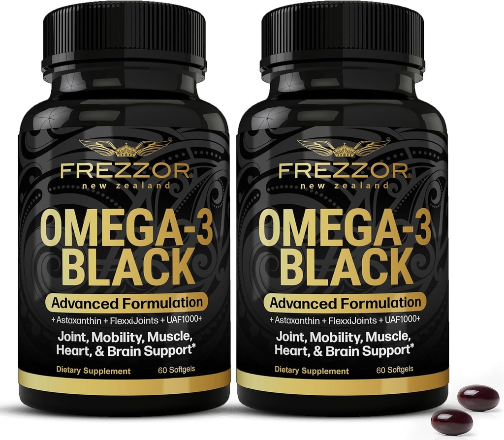 FREZZOR Omega 3 Negro para Cuidado Conjunto & Comfort - New Zealand Green Lipped Mussel Oil Capsules; 53x Potency Superior with UAF1000+ Super Antioxidant, No Fishy Aftertaste, 60 Cuenta (Pack of 2)
