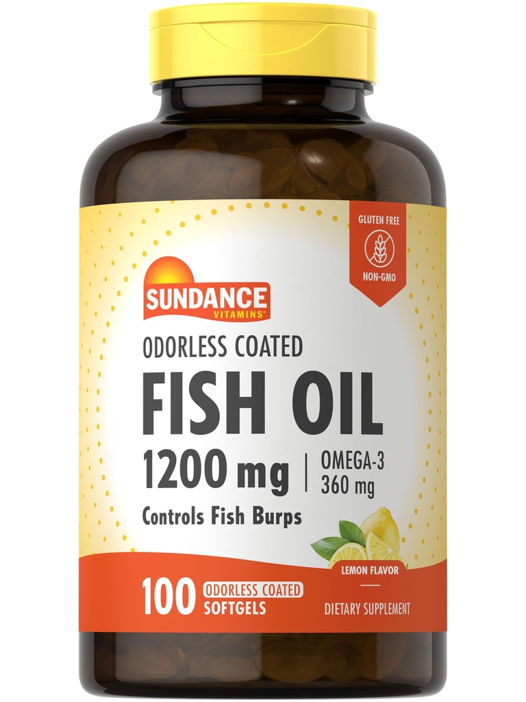 Sundance Odorless Fish Oil 1200mg | 100 Coated Softgels | Controls Fish Burps | Lemon Flavor | Non-GMO and Gluten Free Supplement
