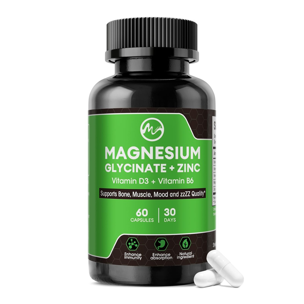 Magnesium Glycinate Capsules, Magnesium Glycinate Supplement with Zinc, Vitamin D3 & B6 - Promotes Nerve, Bowel, Relaxation Function - 60 Vegan Capsules