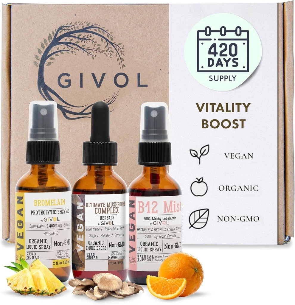 Vitality Boost Bundle Liquid Spray - Ultimate Mushroom Complex, Bromelain, B12 Methylcobalamin - Multivitamina completa - Planta base, no GMO, Gluten Free, Sugar Free 2 Fl Oz (420 días de suministro)