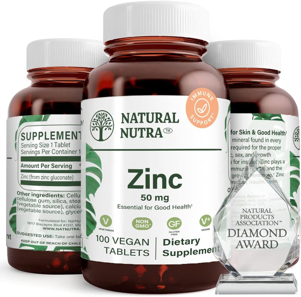 Natural Nutra Zinc Gluconate 50mg Suplemento para Immune Support, promueve la salud de la piel, proporciona la facilidad de aprendizaje de la gripe " frío " Memoria, sabor de mejora " , mezcla gratis 50mg 100 tabletas Vegan