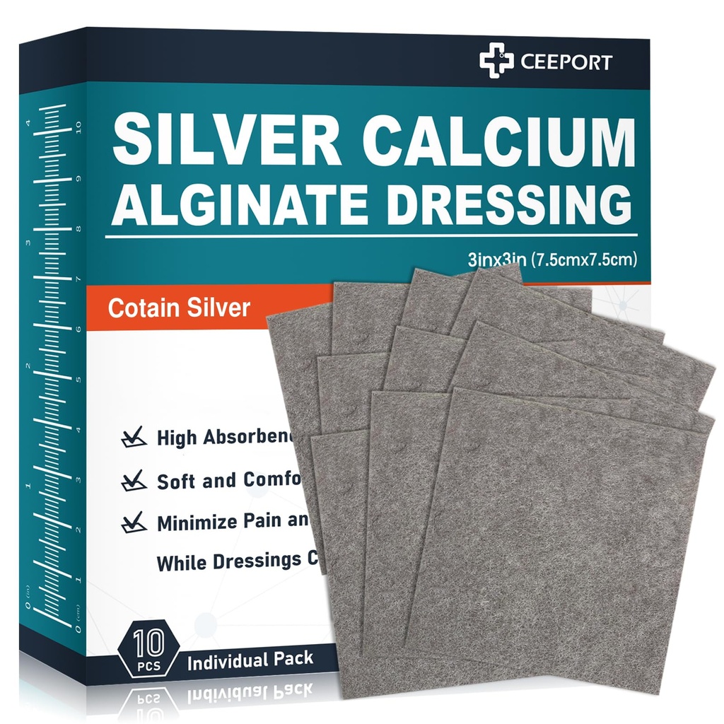 Ag Silver Calcium Alginate Wound Dressing Pads 3' x 3''' (Pack of 10), Soft Highly Absorbent Silver Wound Dressing, Non-Adhesive Dressing for Wound Care, Painless Removal Gauze Pads for Wounds
