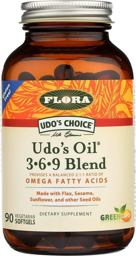 Aceite de Flora Udo 3-6-9 Blend - Contiene coco orgánico, aceite de semilla de Flax & Más - 90 Vegetarianos Softgels