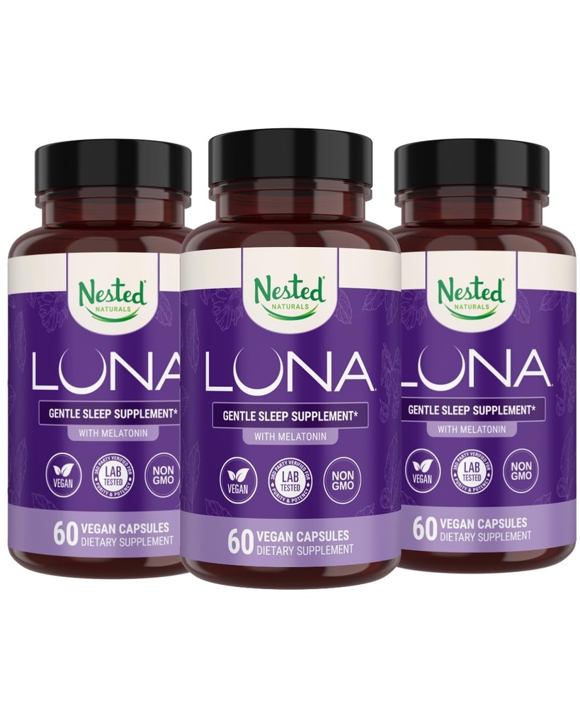 Naturales anidados Luna Herbal Suplemento de sueño con Melatonina, Valerian Root, Chamomile Silencio 180 Vegan Capsules (3-Pack) - 60 cápsulas por botella