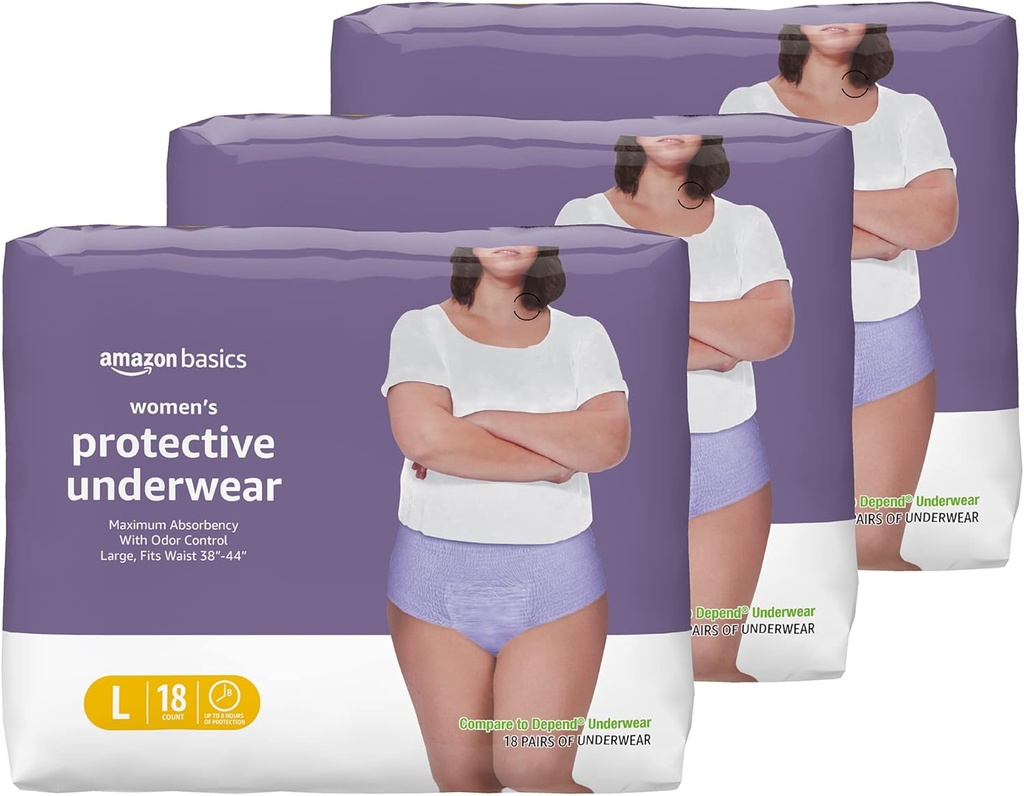 [BRSW22Q7PMCWOAY7] Amazon Basics Incontinence Underwear for Women, Protective, Disposable, Postpartum, Maximum Absorbency, Large, Lavender, 54 Count (3 Packs of 18)
