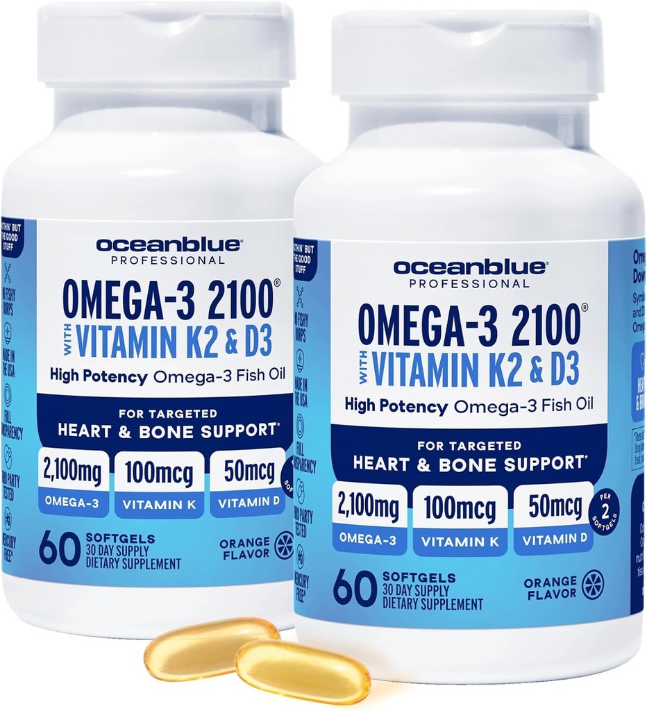 Oceanblue Professional Omega-3 2100 con vitamina K2 y vitamina D3-120 Conde 2 Pack- Triple Strength Burpless Fish Oil Suplemento con EPA, DHA & DPA - Wild Caught - Orange Flavor, 60 Servings