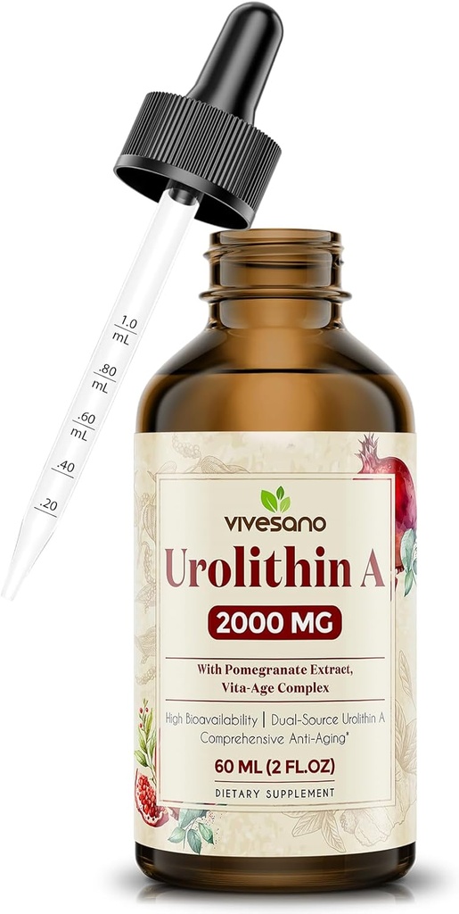 Urolithin A Supplement - Urolithin A 2000mg Liquid Drops - Dual-Source Formula with Pomegranate Extract, Vitamina C, Collagen & Resveratrol - Fast Absorption for Healthy Aging - 60ml (2 Fl Oz)