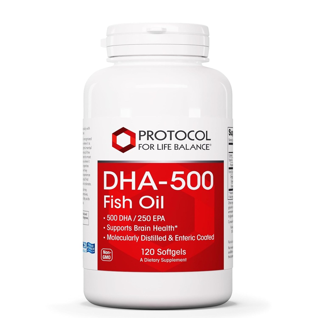 PROTOCOLO PARA LA BALANCE DE VIDA DHA-500 - DHA 500mg & EPA 250mg - Suplemento de aceite de pescado - Salud cerebral - Easy Digestion - Non-GMO & Halal - 120 Softgels