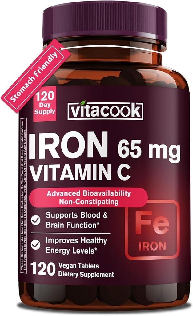 Suplemento de hierro para mujeres hombres, Hierro de alta potencia 65 mg con vitamina C 250mg, píldoras de hierro amigable para la célula de sangre roja & soporte inmunológico, no GMO & Gluten Gratis,120 tabletas Vegan