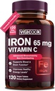 Suplemento de hierro para mujeres hombres, Hierro de alta potencia 65 mg con vitamina C 250mg, píldoras de hierro amigable para la célula de sangre roja & soporte inmunológico, no GMO & Gluten Gratis,120 tabletas Vegan