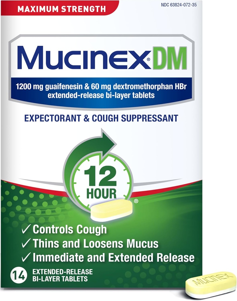 Tos Suppressant and Expectorant, Mucinex DM Maximum Strength 12 Hour Tablets, 14ct, 1200 mg Guaifenesin, Reslieve Chest Congestion, Quiets Wet and Dry Cough, #1 Doctor Recommended OTC expectorant