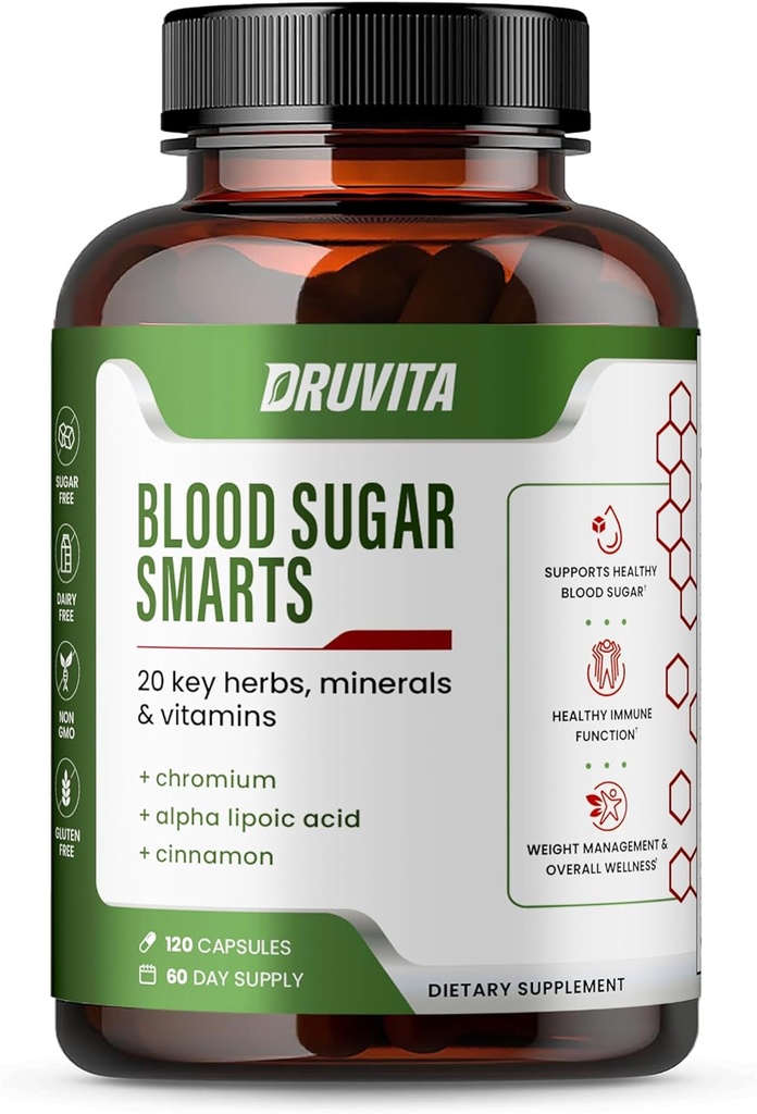 Smarts de azúcar en sangre - 20 hierbas clave, minerales & vitaminas - con cromo, ácido lipoico alfa, melón de canela y bitter, para hombres mujeres- no GMO Fuente de 60 días