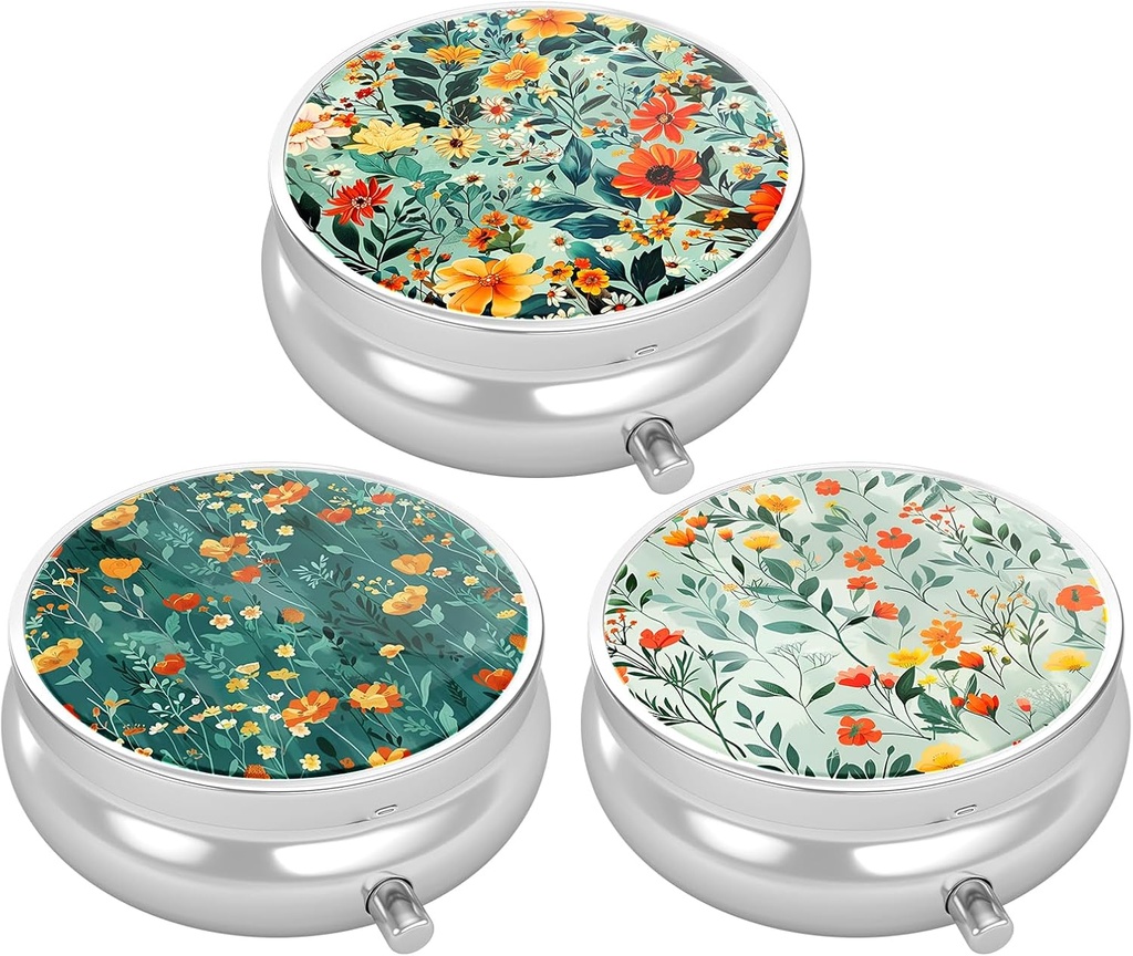 3 Caja de Píldora de Empaquetado, Funda de Píldora Pequeña para Purse & Pocket, Cute Travel Medicine Organizer, Portable Medicine Container Holder to Hold Vitamins, Medication, Fish Oil & Supplement, Pretty Flowers