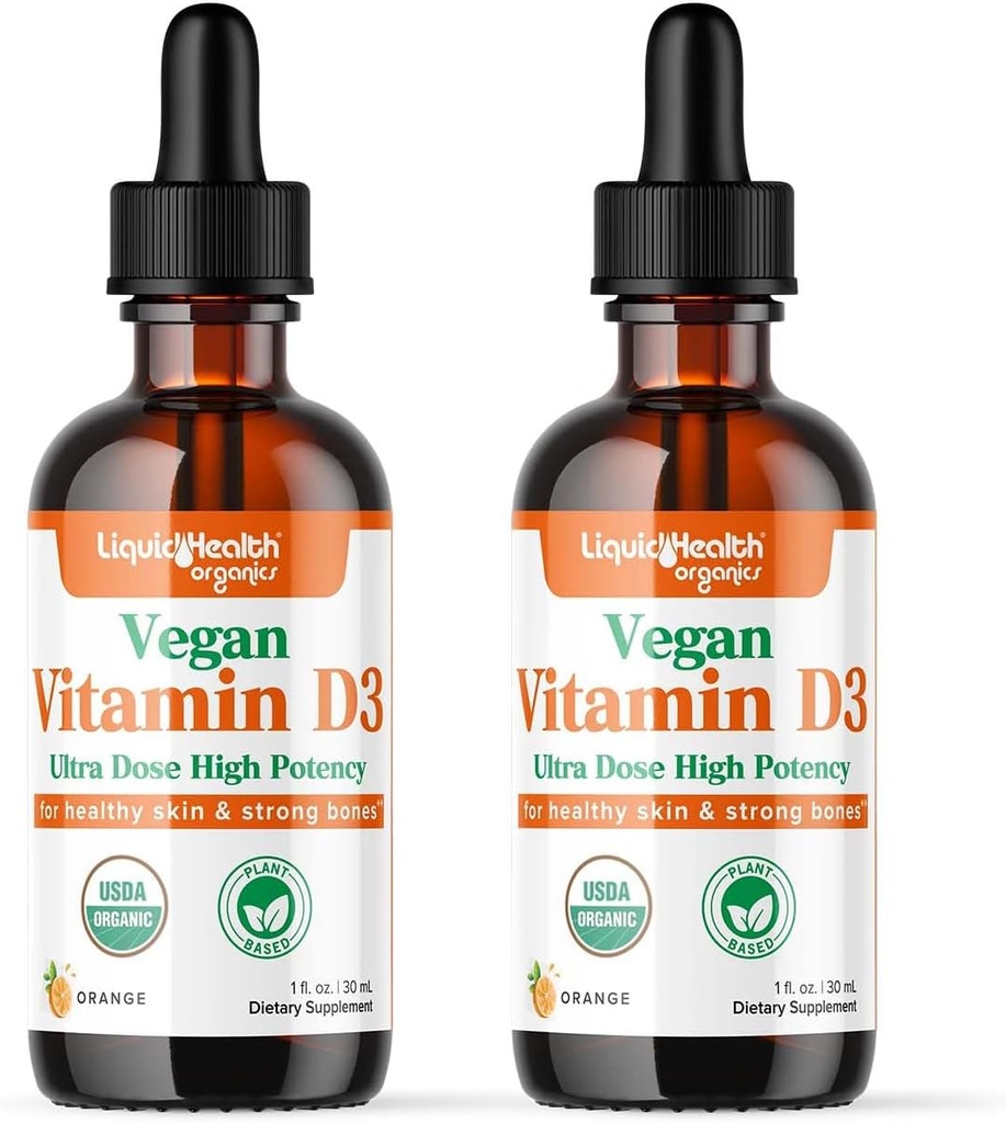 LIQUIDHEALTH Vitamina D3 4000 UI, USDA Organic Vitamin D Liquid Drops for Adults & Kids, Vitamina Vegana D for Immune System Support, Bone Health, Mood Support, Healthy Skin - Made in USA (2 Pack)