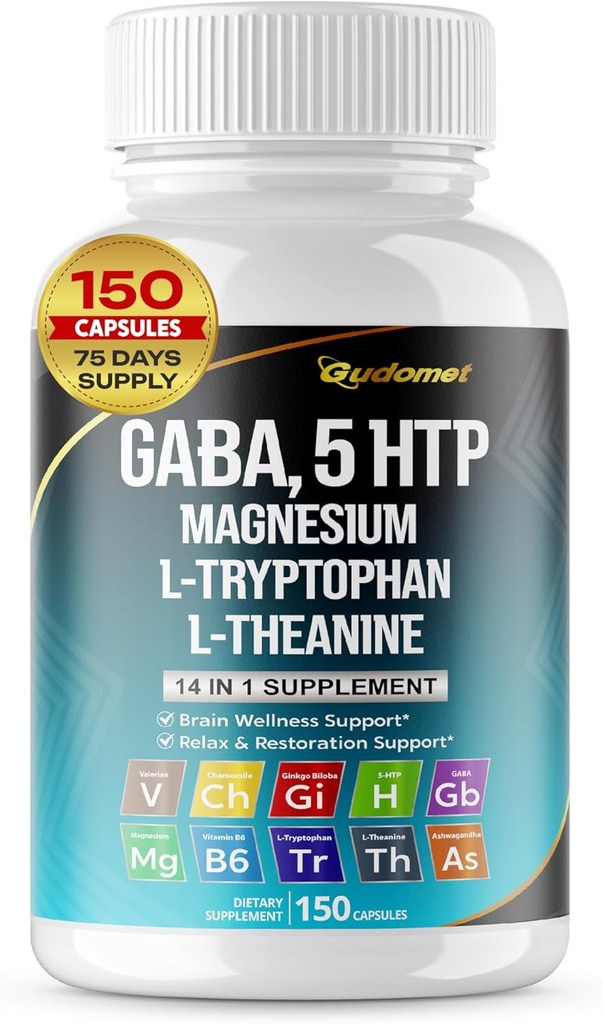 GABA 5-HTP L-Tryptophan L-Theanine Vitamina D3 Vitamina B6 Holy Basil Valerian Chamomile Ginkgo Biloba Ginger -150 Capsules- Hecho en EE.UU.