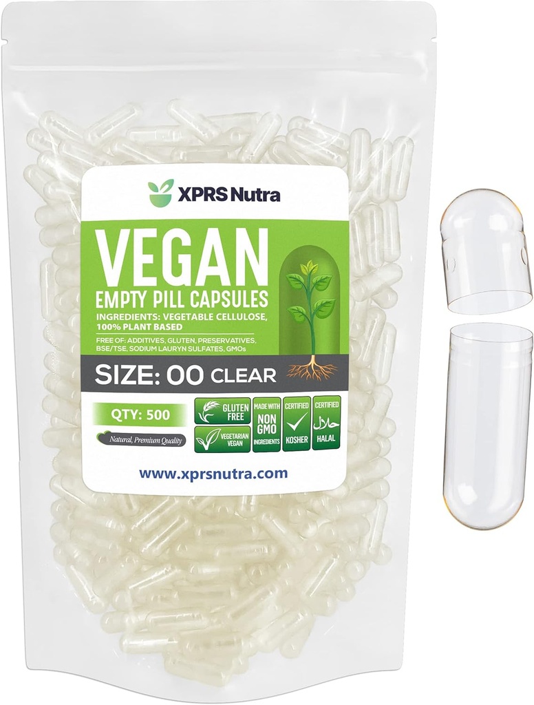 XPRS Superficies de Nutra 00 cápsulas vacías - 500 contar cápsulas vacías claras - píldoras vacías vegetarianas - DIY Vegetal Capsule Filling- Veggie Pill Caps