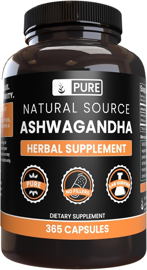 Ingredientes originales puros Ashwagandha (365 cápsulas) No hay magnesio o rifles de arroz, siempre puros, lab verificados