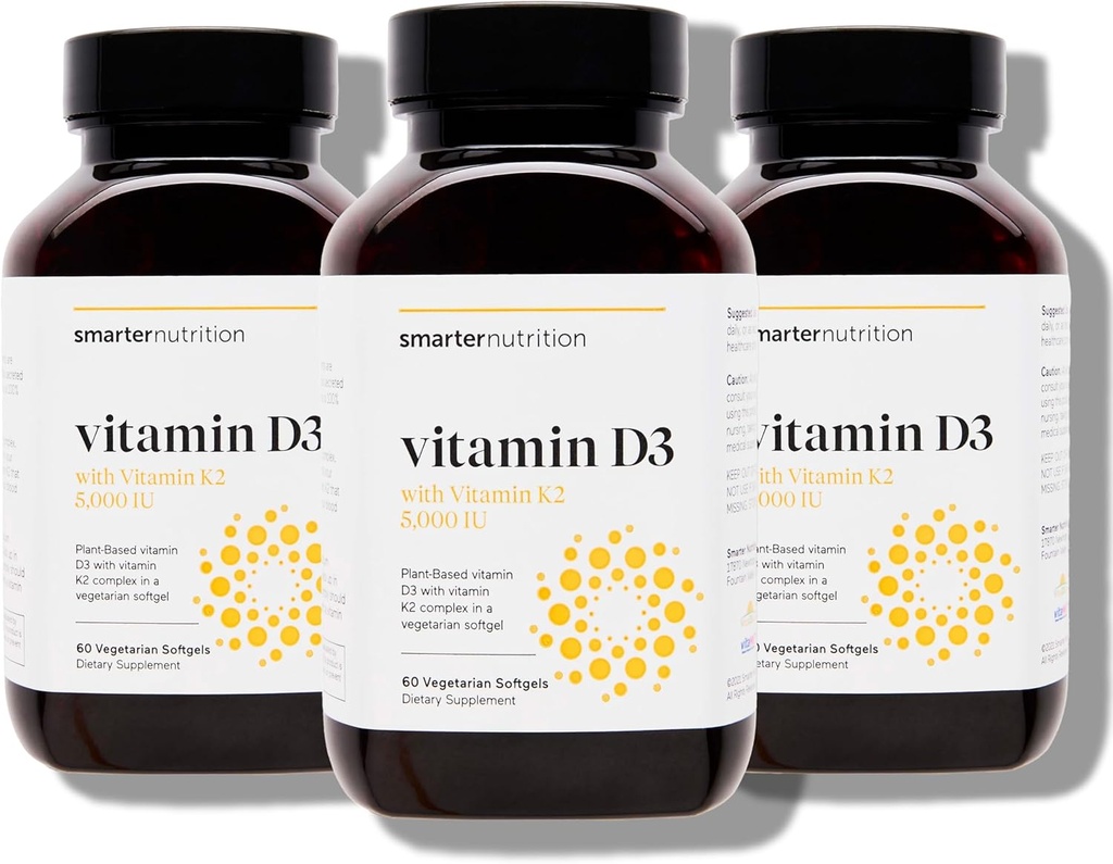 SMARTERNUTRITION Vitamina Vegana D3 5000 UI + Vitamina Natural K2 1100 mcg en Coco orgánico & Aceite de Oliva - D3 K2 Suplemento para Immune & Bone Support - 180 Softgels[90 Day Supply]