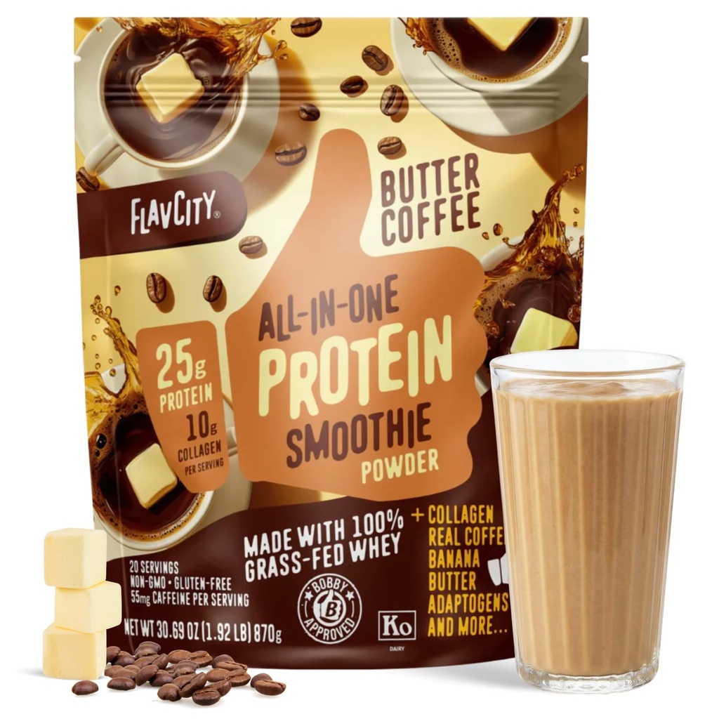 FlavCity Grass Fed Whey Protein Powder - Café de mantequilla - 25g Proteína, 10g Collagen & 87mg Caffeine - Hecho con Reishi orgánico &amp; Cordyceps - Gluten Gratis &amp; No Añadido Azúcares (20 Servings)