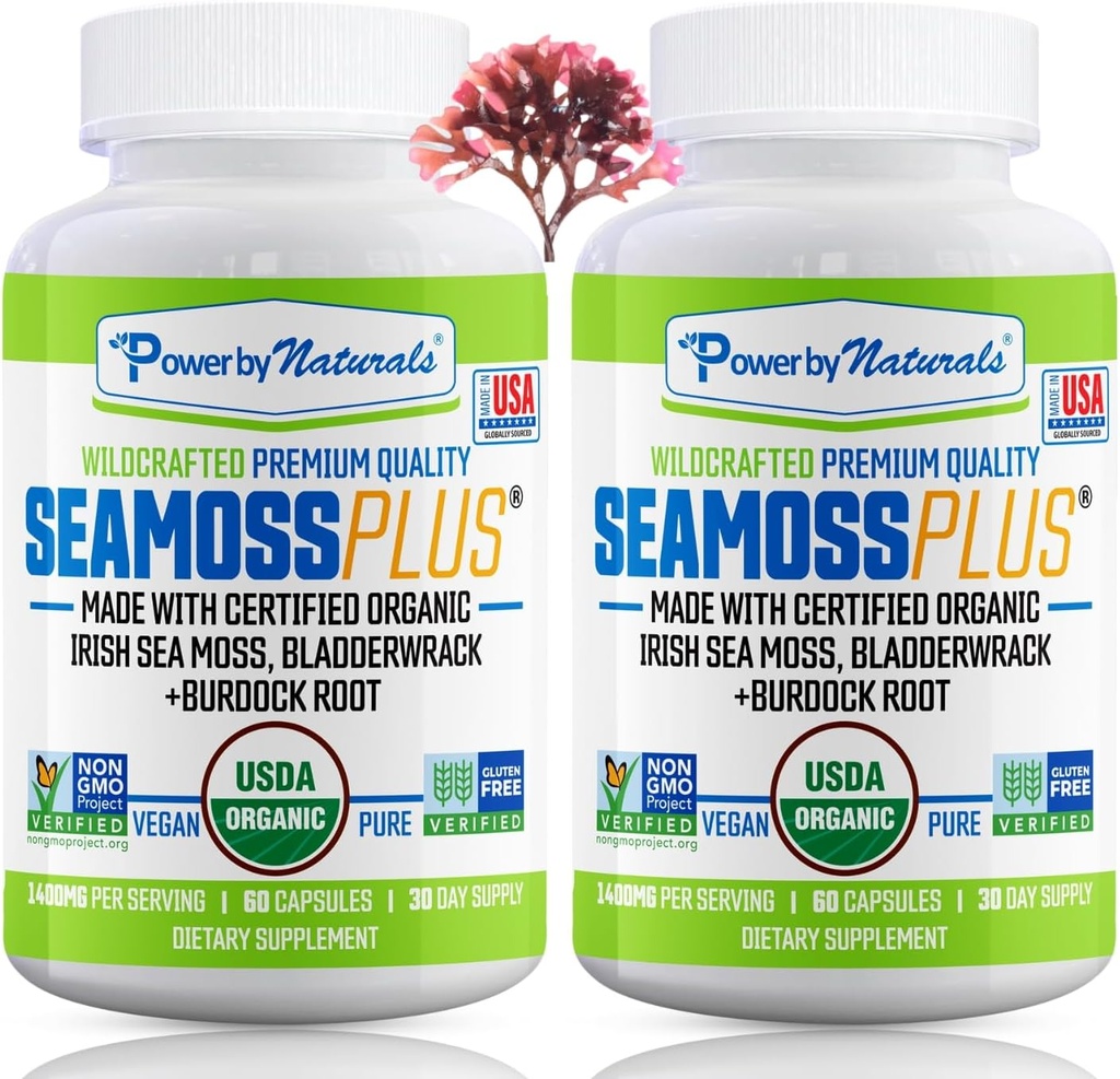 Power By Naturals Sea Moss Plus - USDA Certified Organic Wildcrafted Irish Seamoss, Bladderwrack & Burdock Root, Suplemento para la inmunidad, 60Ct, 2 Pack